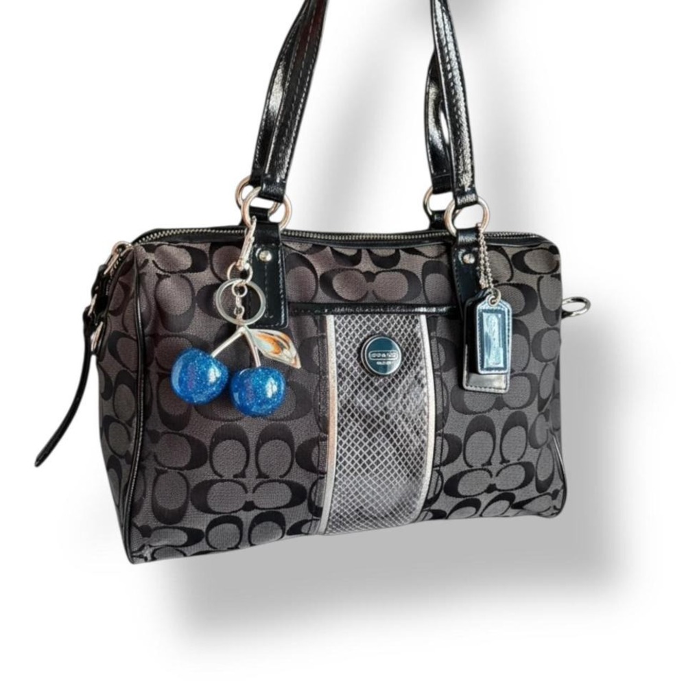 Y2k Coach Black Signature Jacquard‎ Python Stripe Medium Bowling Shoulder Bag